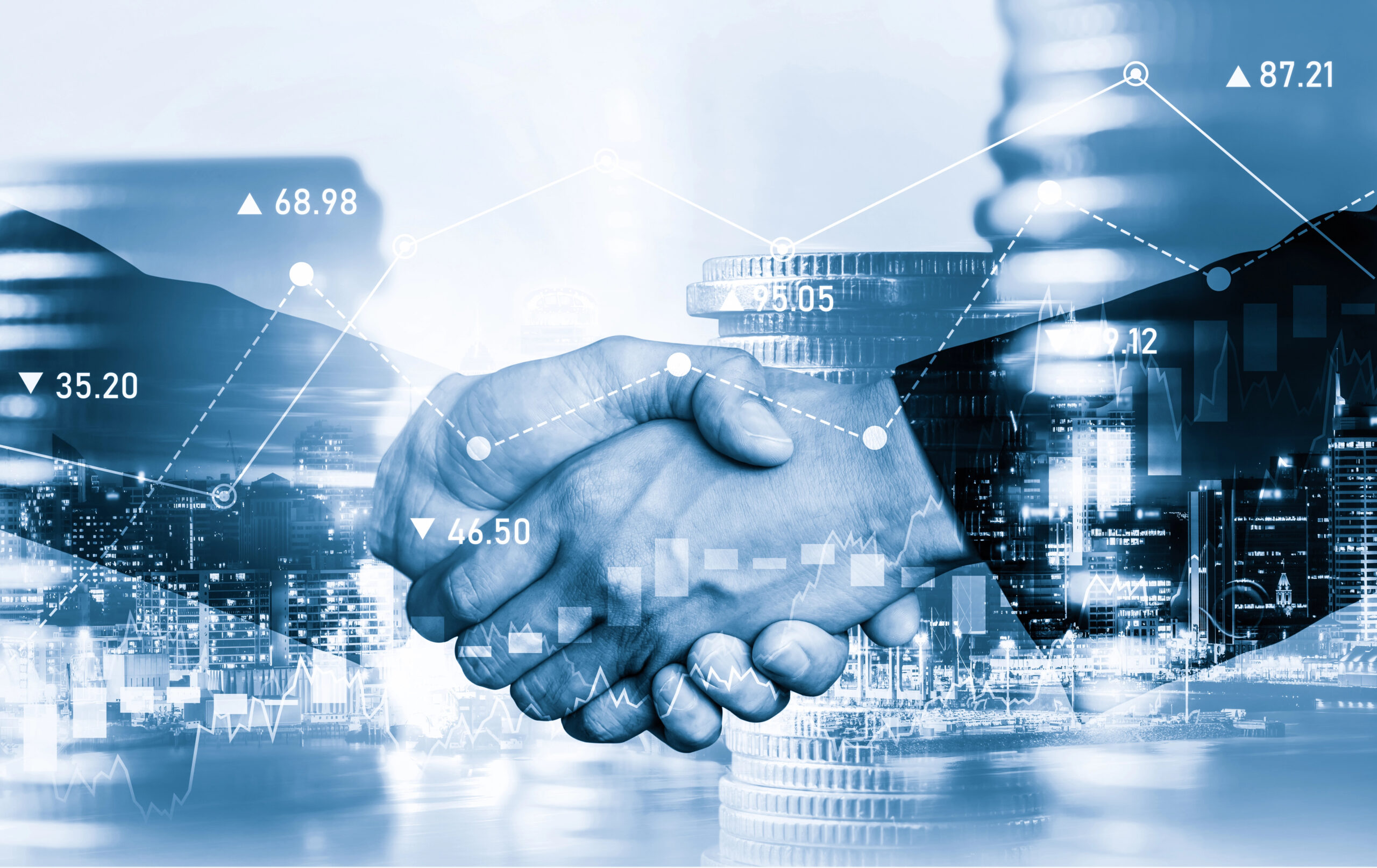 Business handshake with financial data overlays indicating risky advice