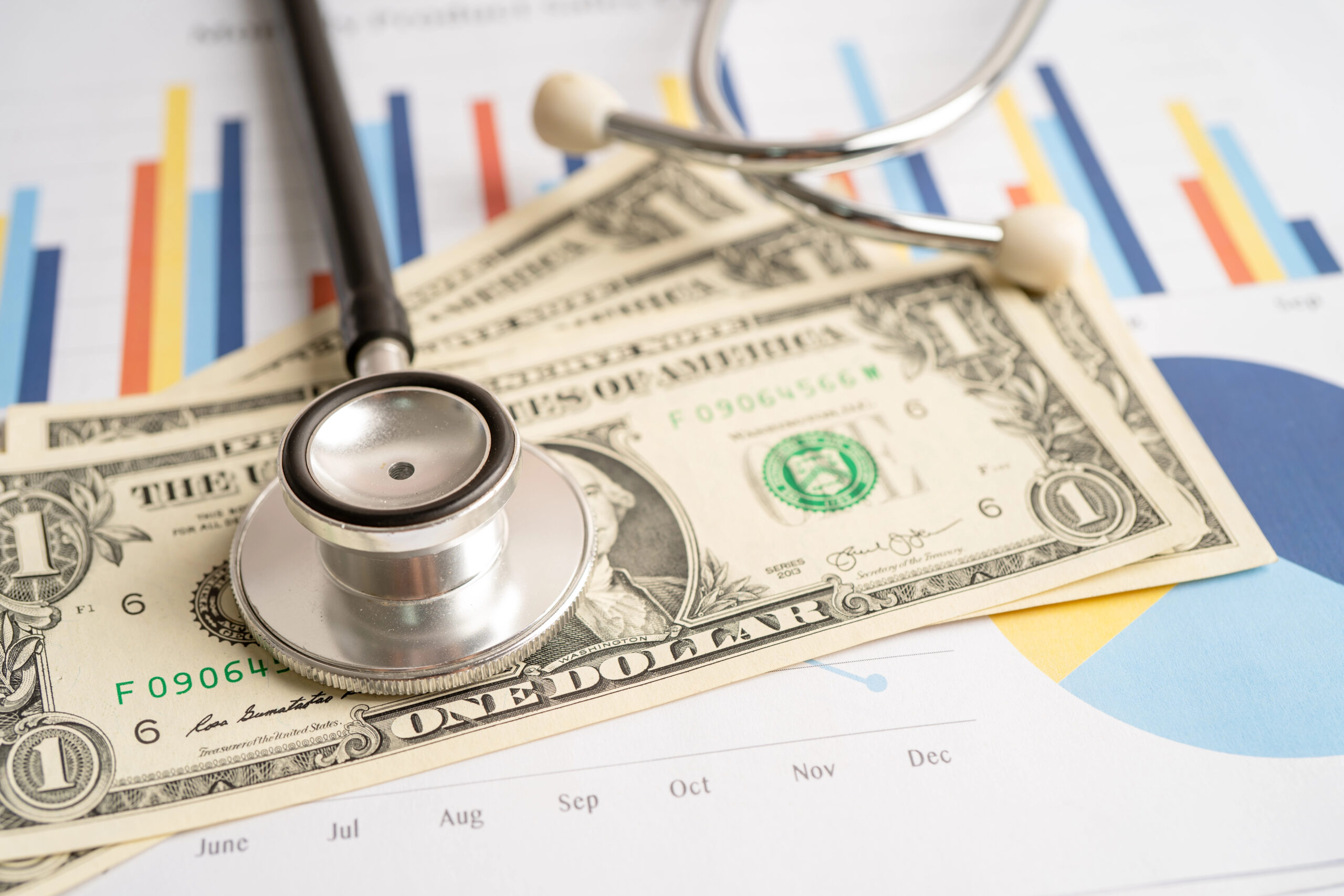 Stethoscope on dollar bills with rising chart for health expenses